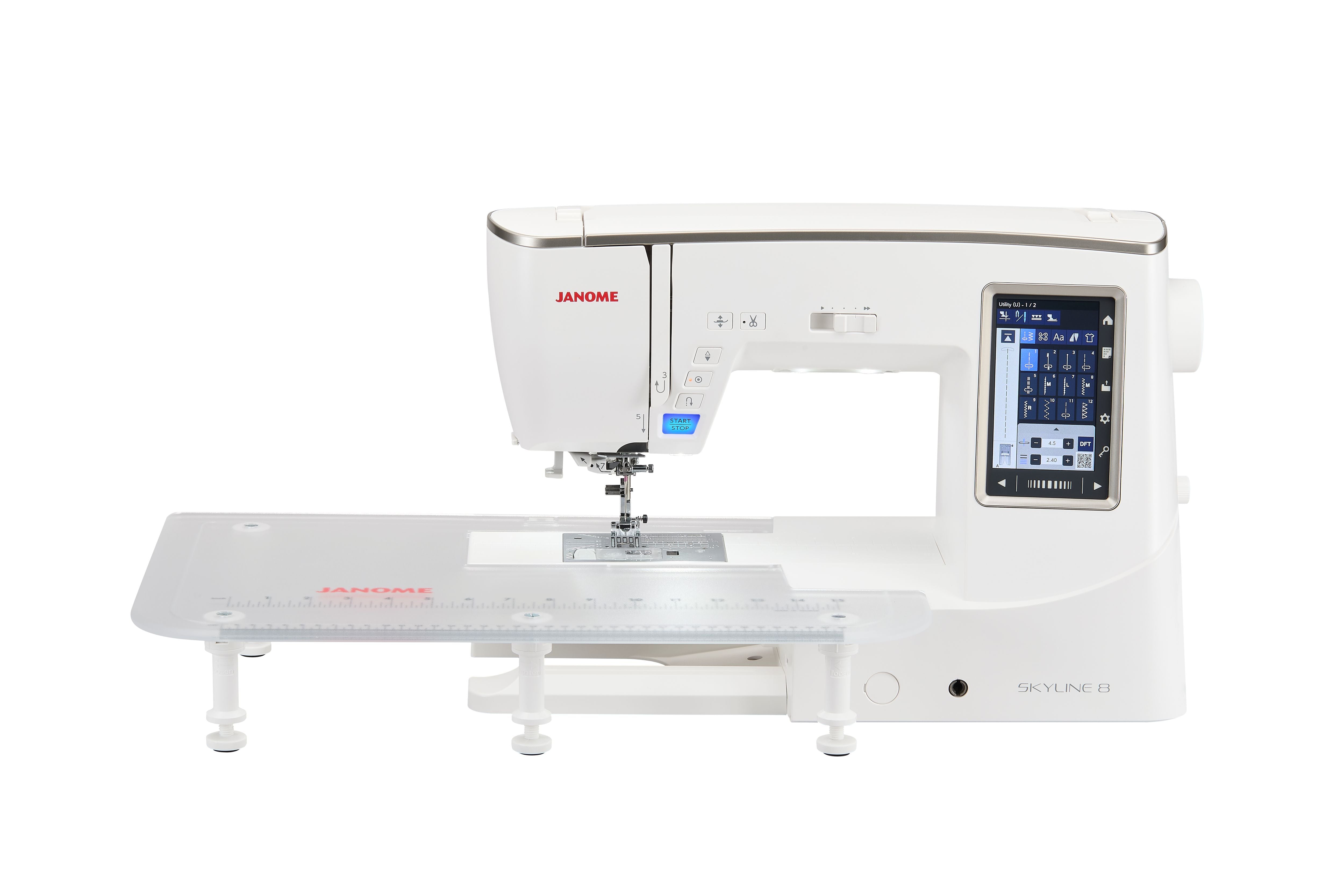 A white Janome Skyline 8 sewing machine with an attached clear acrylic quilting tray, shown against a solid white background.