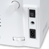 Close-up of the rear control panel of a white sewing machine, showing a white rotary knob, a black power switch, a grounding hole, a power outlet, and a white slide switch.