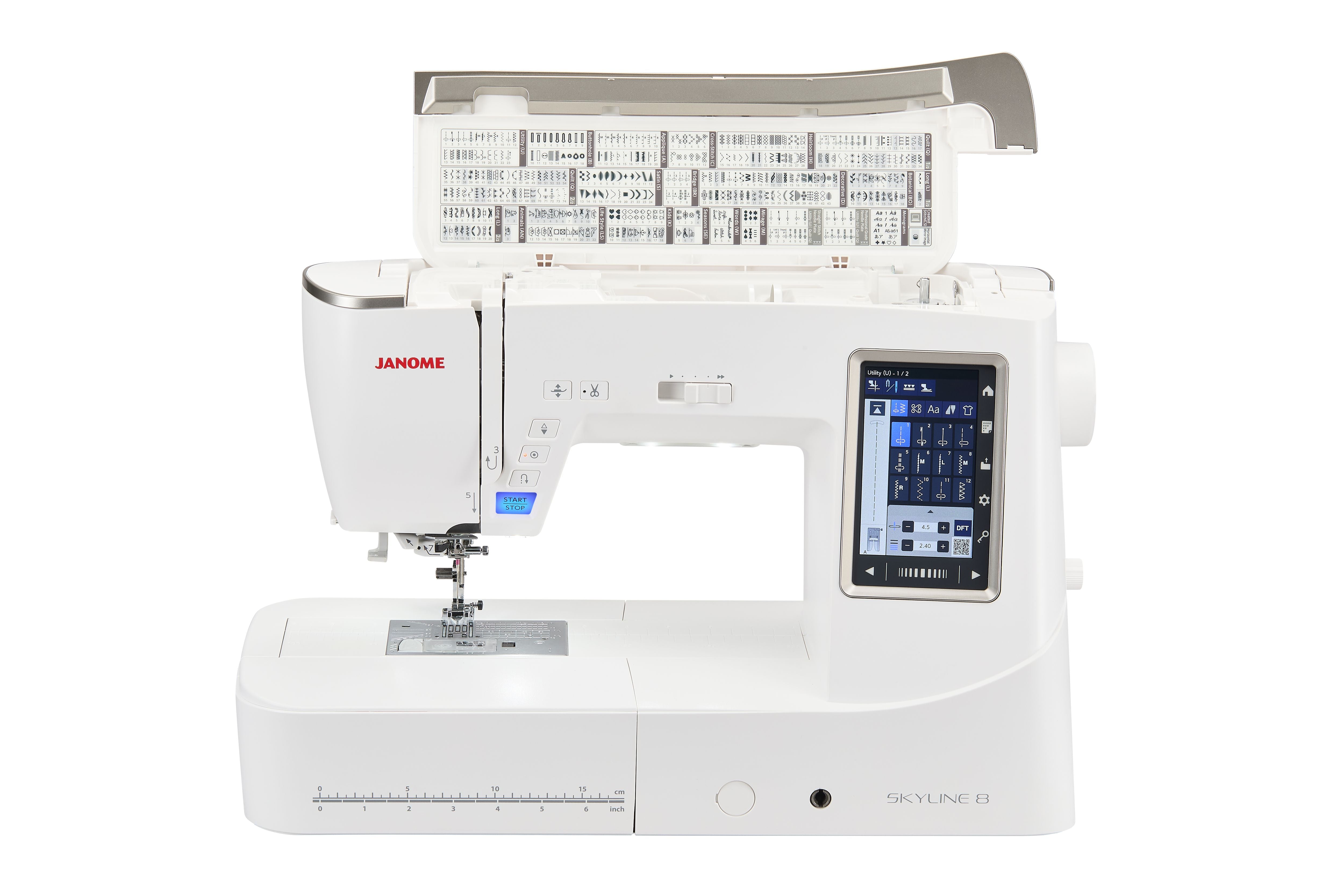 A white Janome Skyline 8 sewing machine with a digital touchscreen display, shown on a solid white background.