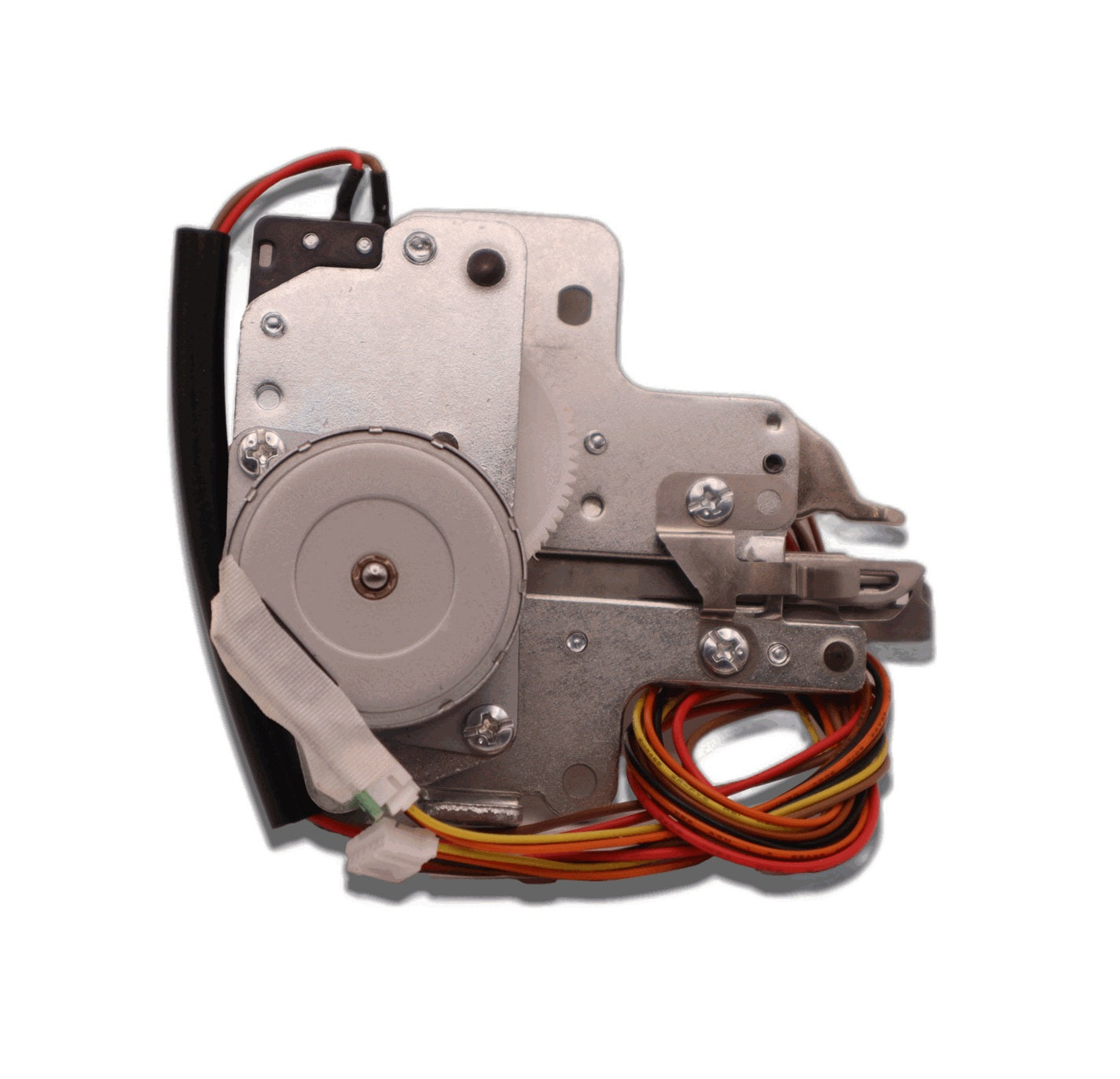 A metal mechanical assembly or motor component with a circular drum, screws, gears, and multiple colored wires, isolated on a white background.