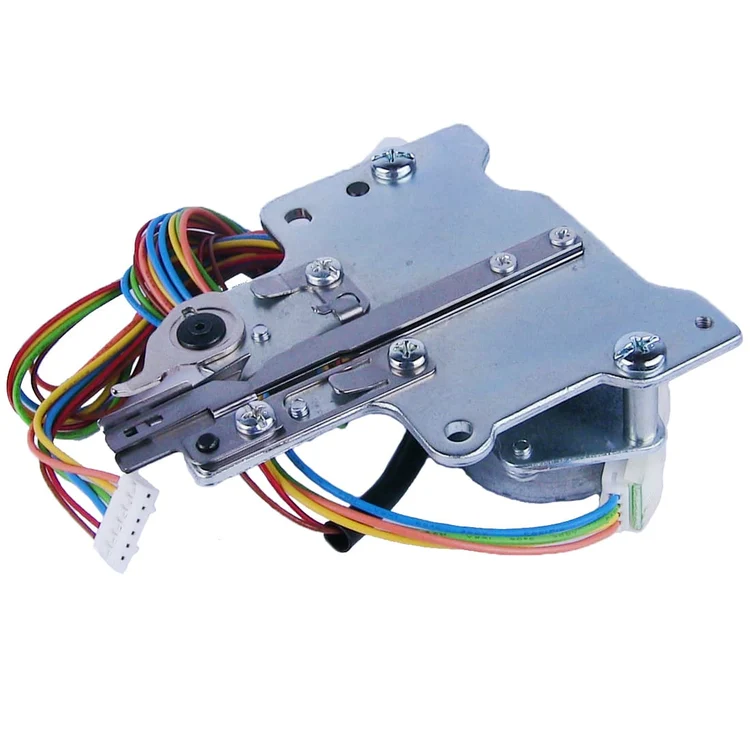 A metal automatic door lock release mechanism with a multi-colored wire harness and a white connector plug, shown on a plain white background.