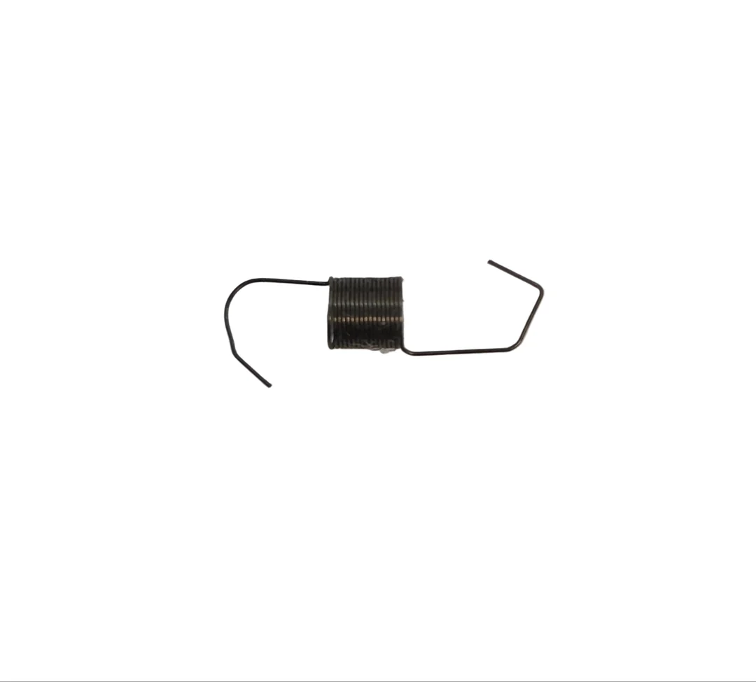 A dark gray metal extension spring with a hook on one end and a loop on the other, isolated on a white background.