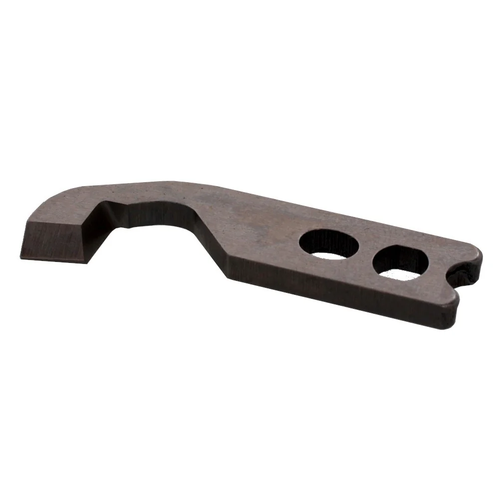 Metal bracket with two holes on a white background