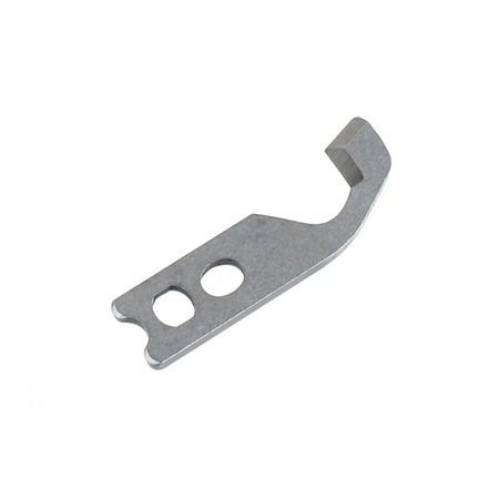 A small metal hook-shaped replacement part with two circular cutouts, shown on a plain white background.