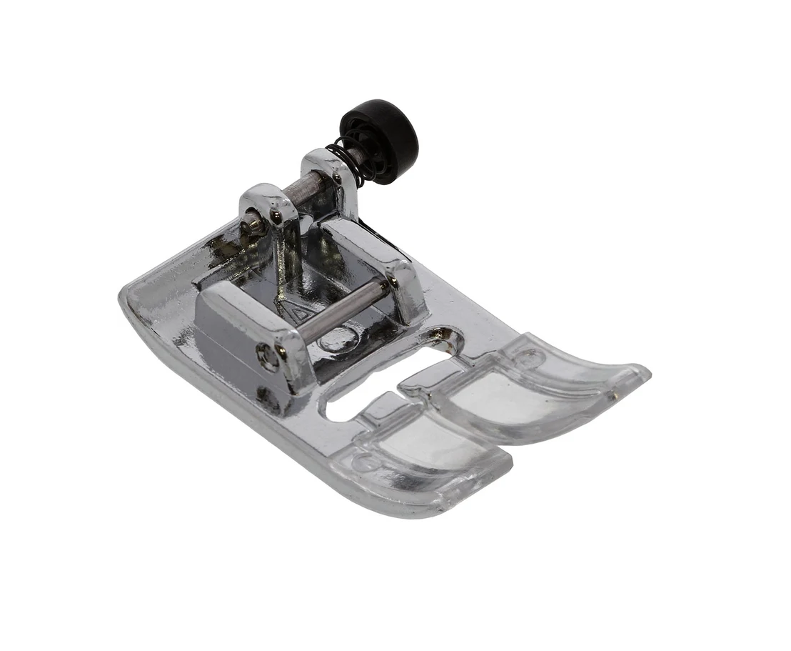 A clear plastic and chrome metal sewing machine press foot with a black adjustment knob, shown on a solid white background.