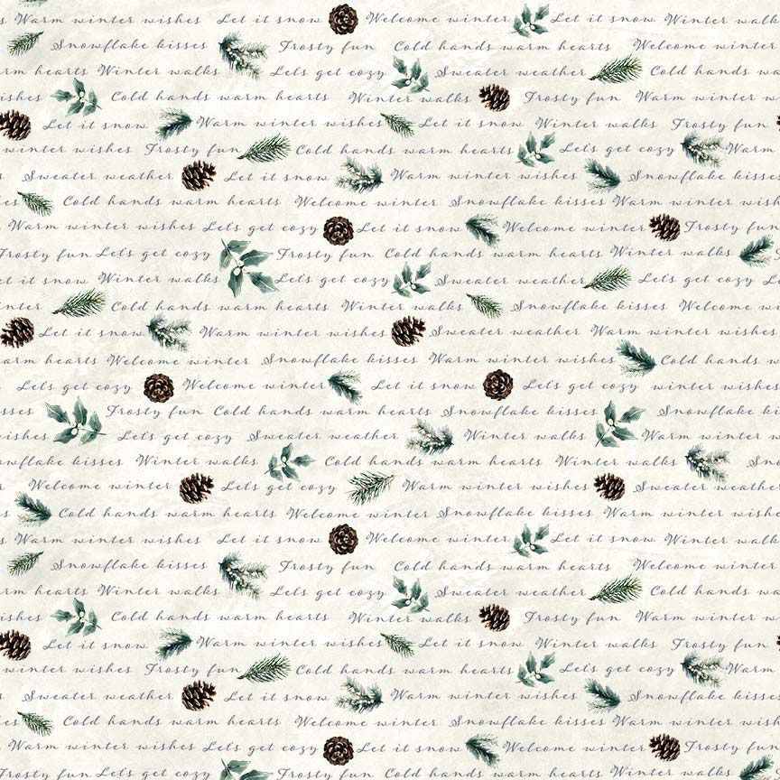 Fabric Timeless Treasures Ivory Winter Script with Icons Welcome Winter by the Quarter Yard CD4265-IVORY