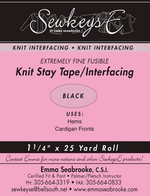 SewkeysE Extremely Fine Black Fusible Knit Stay Tape 1.25"x25yd Roll KST1.25-BL