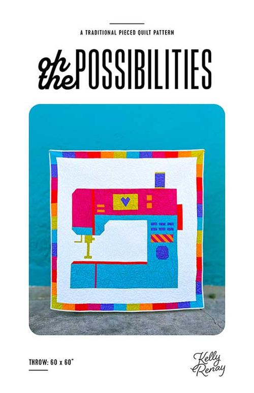Colorful quilt pattern with a sewing machine design on a blue background, featuring text 'oh the possibilities' and 'Kelly Rowland'.