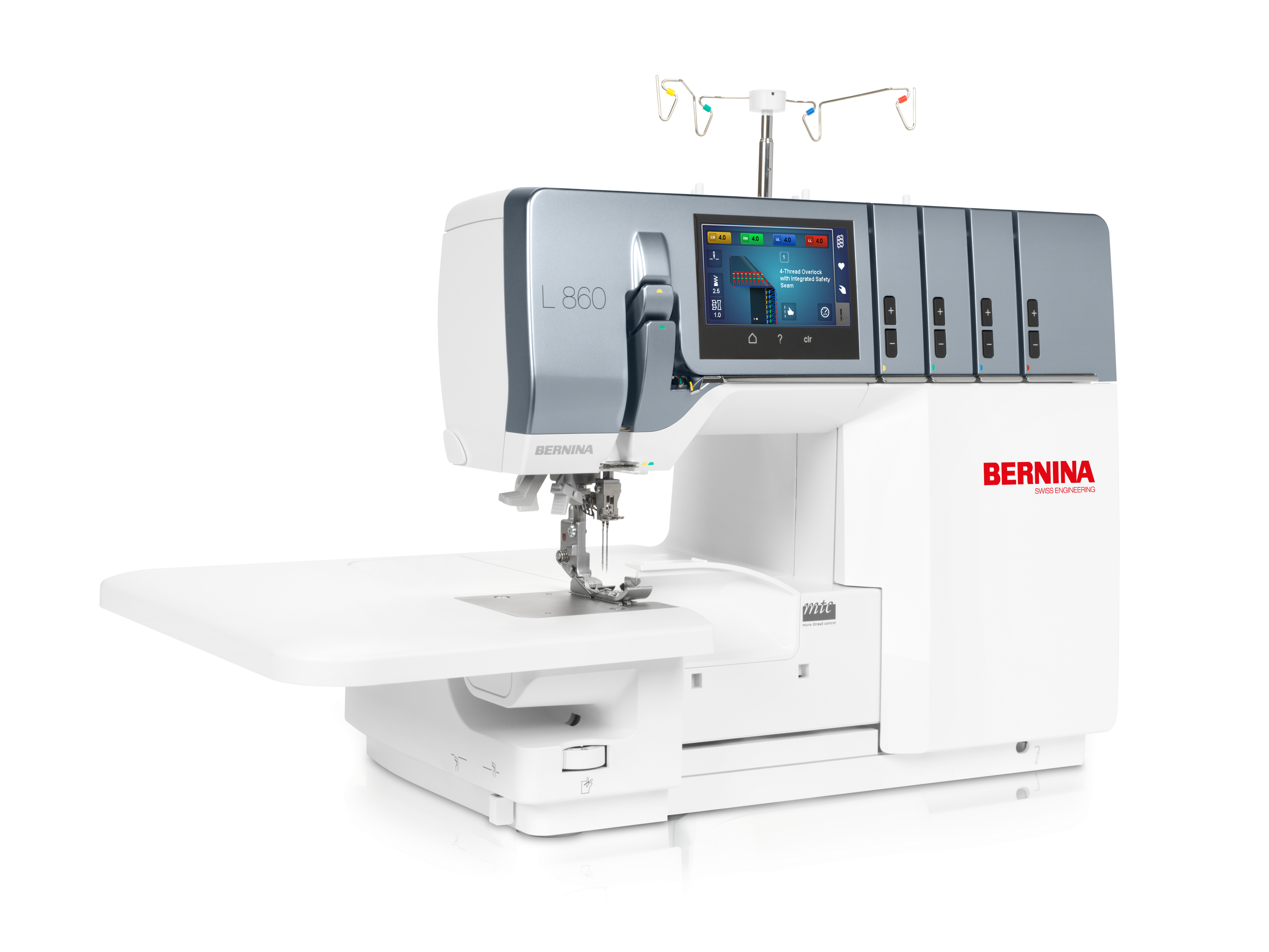 angled image of the BERNINA 860 Air Threader Serger Machine with the table attached