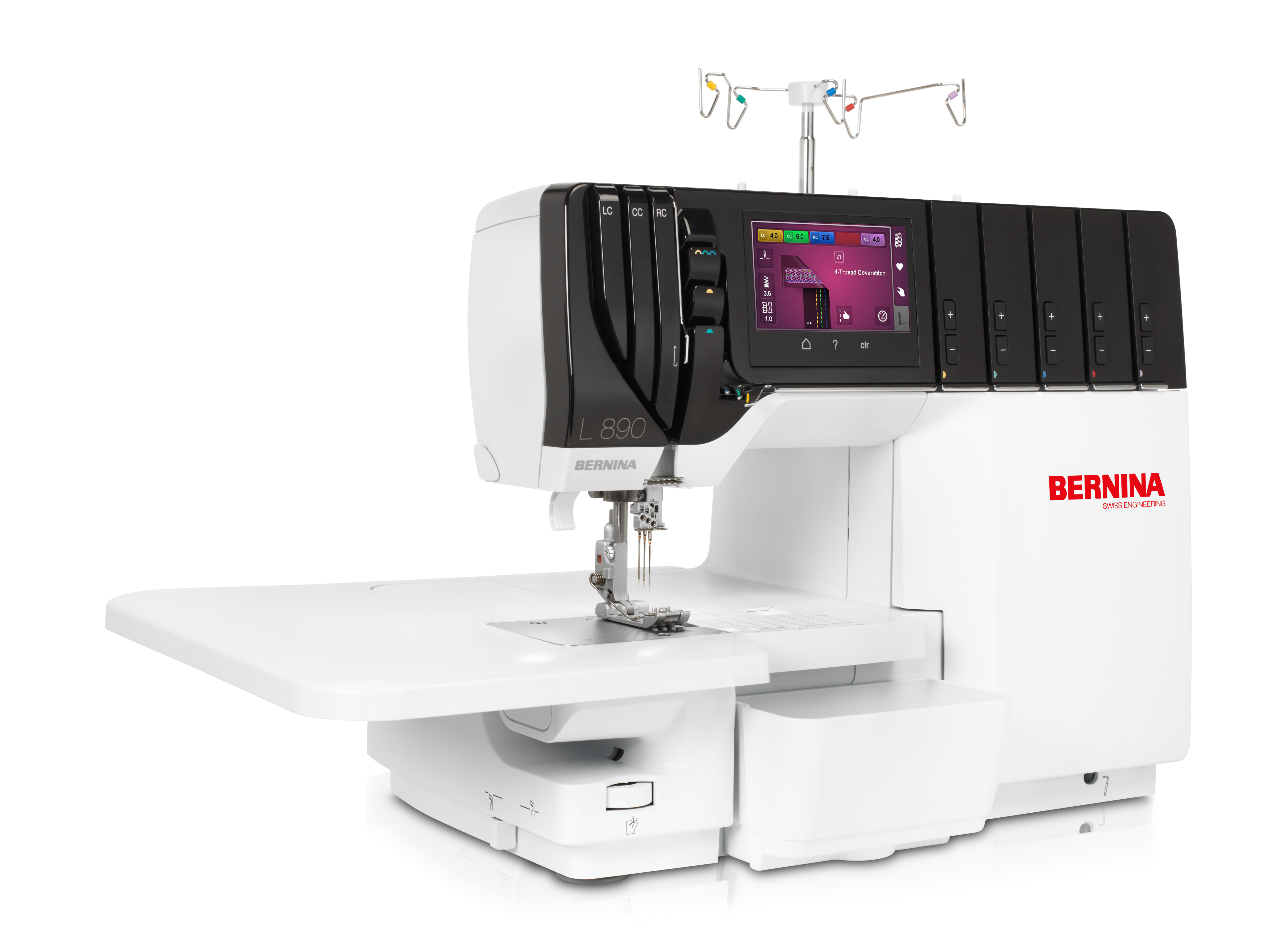 angled image of the BERNINA 890 Air Threader Serger Machine with table