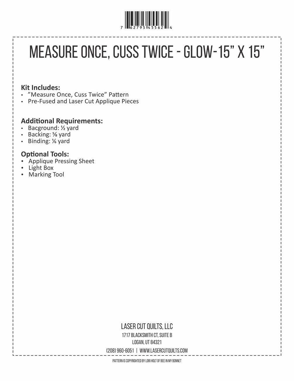 Laser Cut Quilts Measure Once Cuss Twice Glow Laser Cut Applique Kit LCQF455624