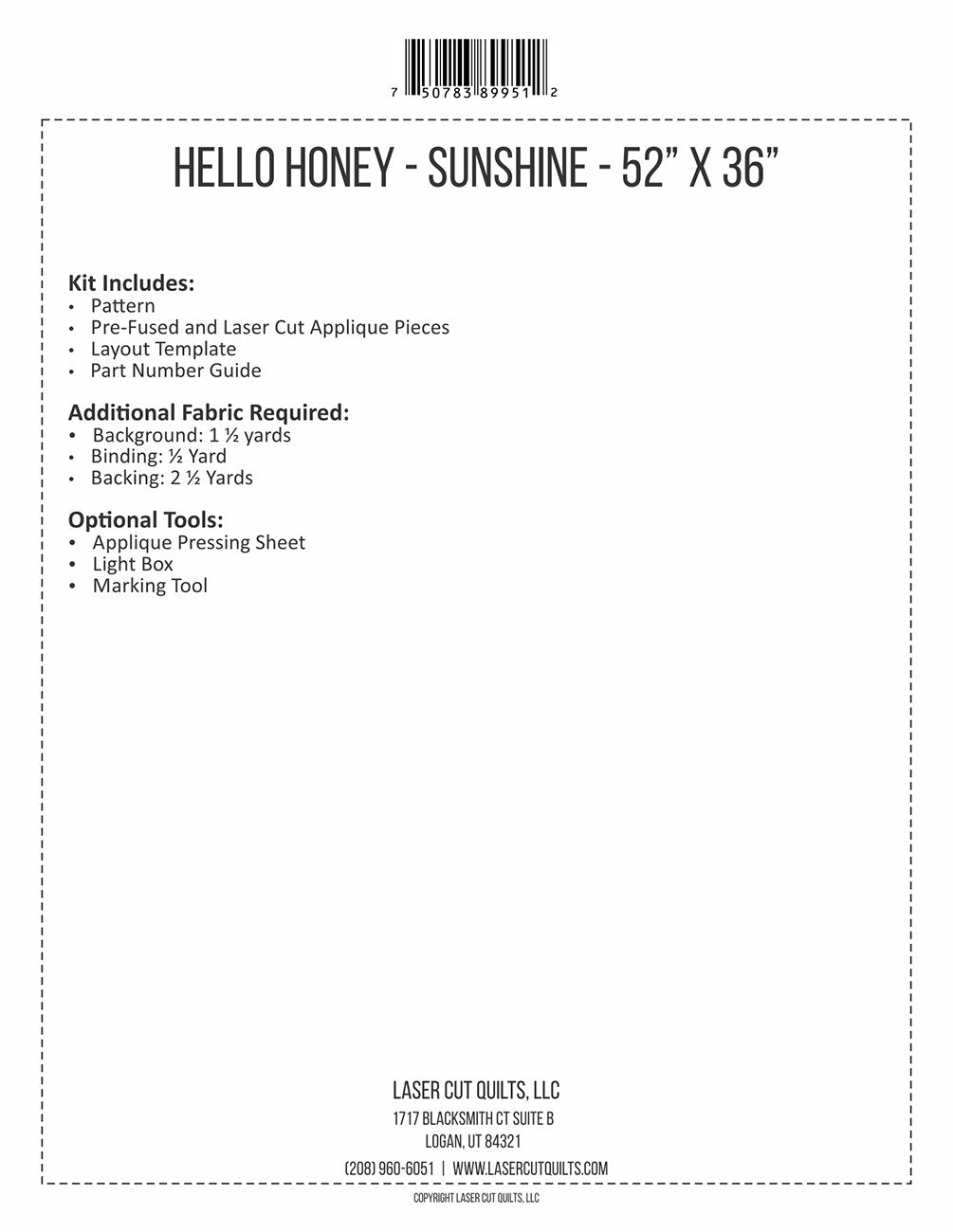 Laser Cut Quilts Hello Honey Sunshine Laser Cut Applique Kit LCQF899512