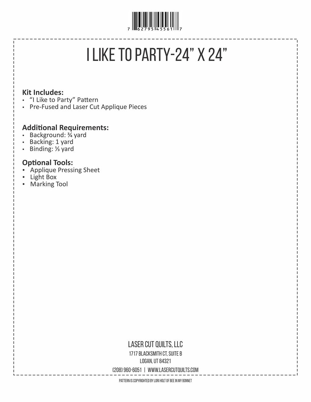 Laser Cut Quilts I Like to Party Laser Cut Applique Kit LCQF455617