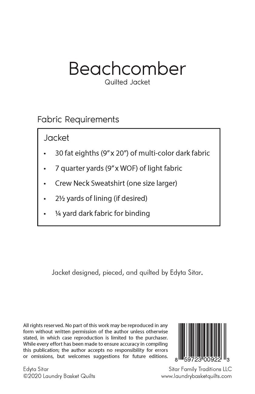 Back cover of a quilting pattern booklet for the Beachcomber quilted jacket, showing fabric requirements, designer credit, barcode, and publisher information on a white background.