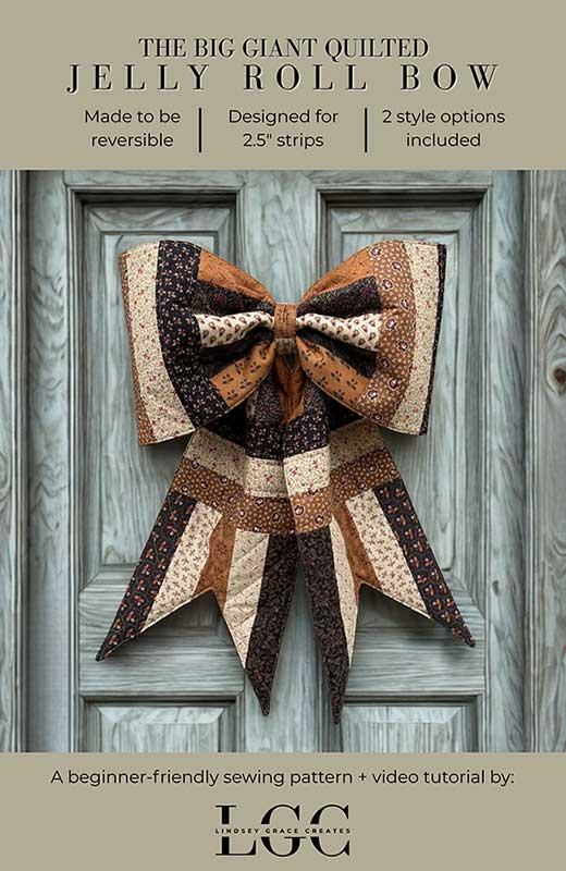 Quilted jelly roll bow on a wooden door with text about the product.