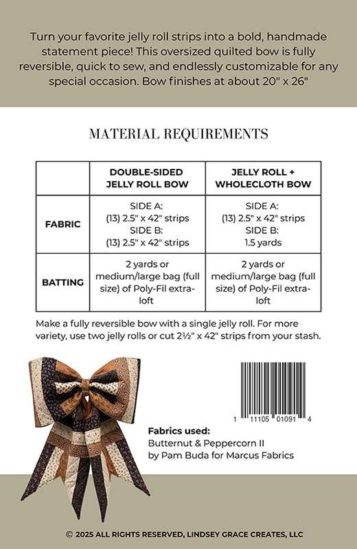 Back cover of a sewing pattern book with material requirements and fabric information.