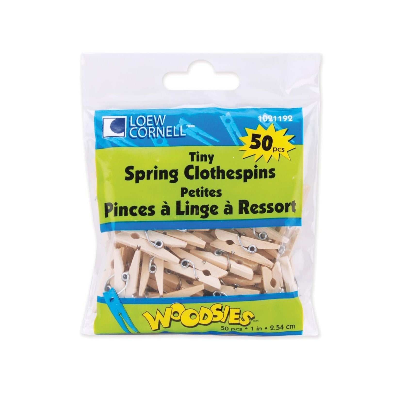 Package of Loew Cornell Tiny Spring Clothespins with a white background