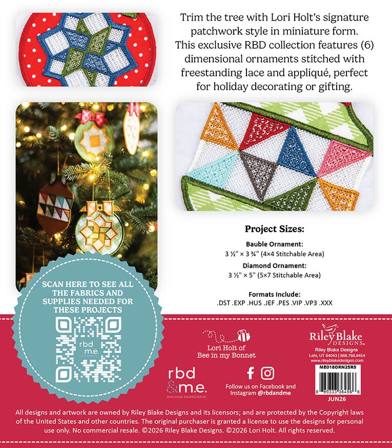 Riley Blake Designs Lori Holt Home Town Patchwork Ornaments Machine Embroidery Quilt Projects USB ME018ORN25R5