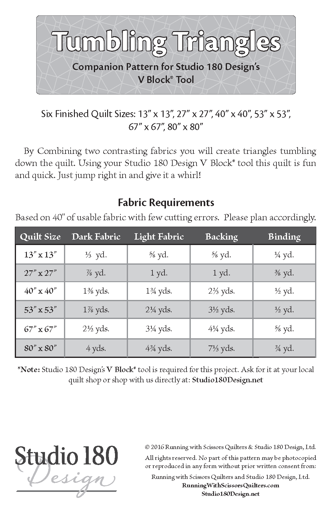 Studio 180 Design Tumbling Triangles Quilting Pattern MOD008 for Sale at World Weidner