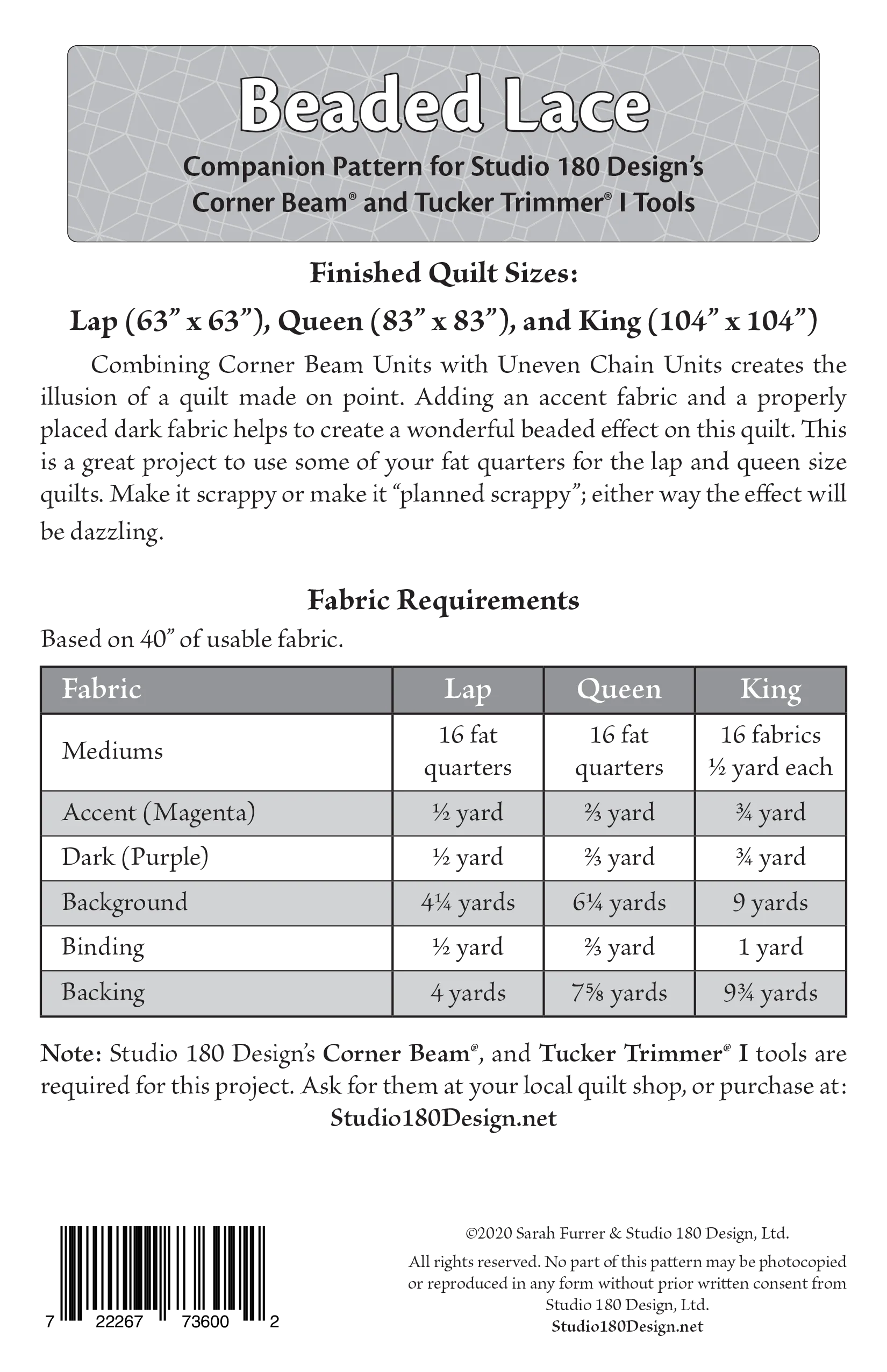 Studio 180 Design Beaded Lace Quilting Pattern MOD028 for Sale at World Weidner