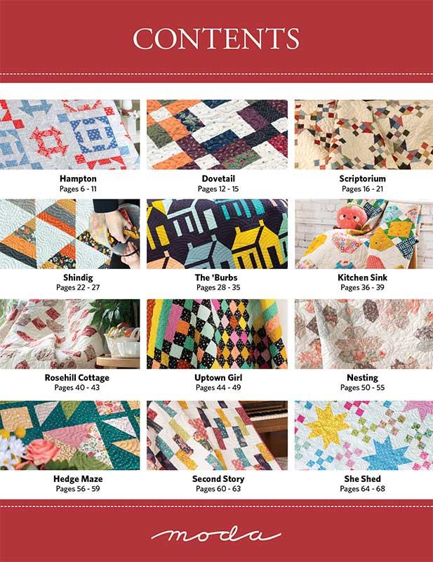 Catalog of quilt patterns with titles and page ranges on a red background