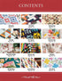 Catalog of quilt patterns with titles and page ranges on a red background