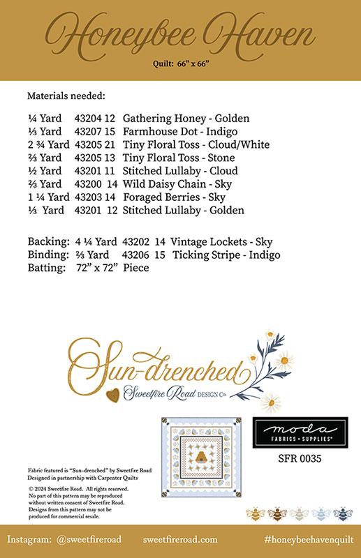 Moda Fabrics Honeybee Haven Quilting Pattern SFR-0035