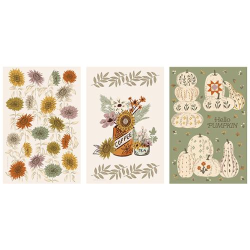 Three autumn-themed tea towels with floral, coffee, and pumpkin designs on a white background.