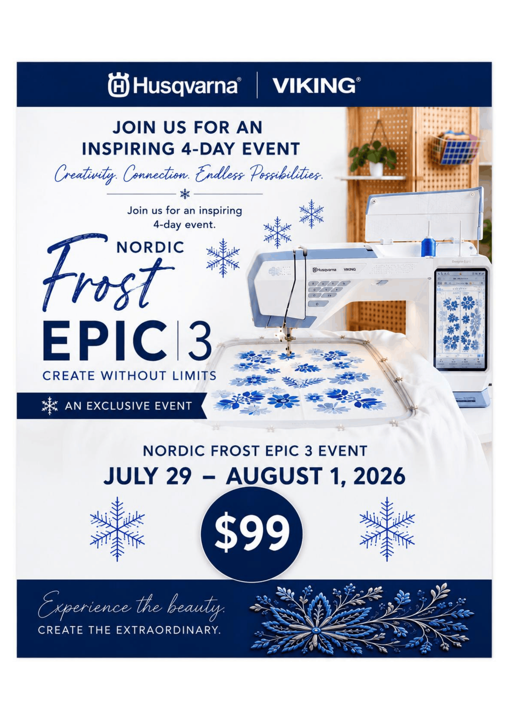 Husqvarna Viking Designer Epic 3 Nordic Frost Exclusive Event 7/29 - 8/1