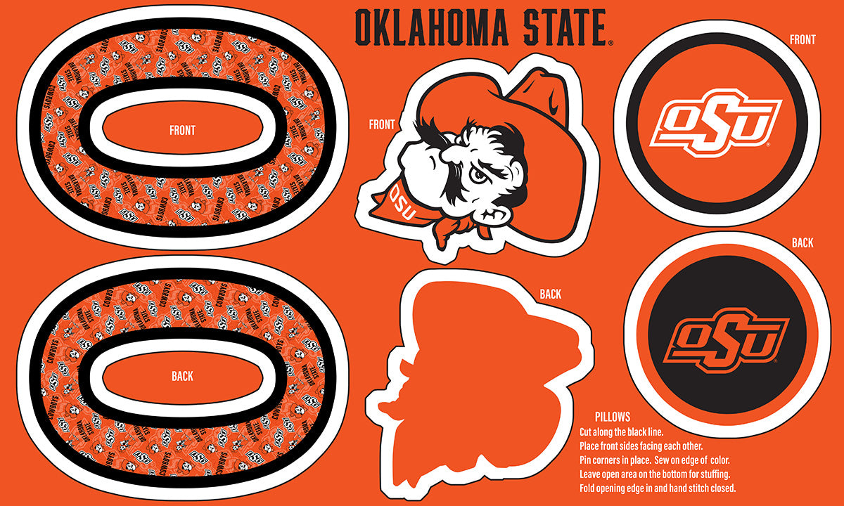 Fabric Sykel Enterprises Oklahoma State University Collegiate Pillow Project Minky Panel OSU1359