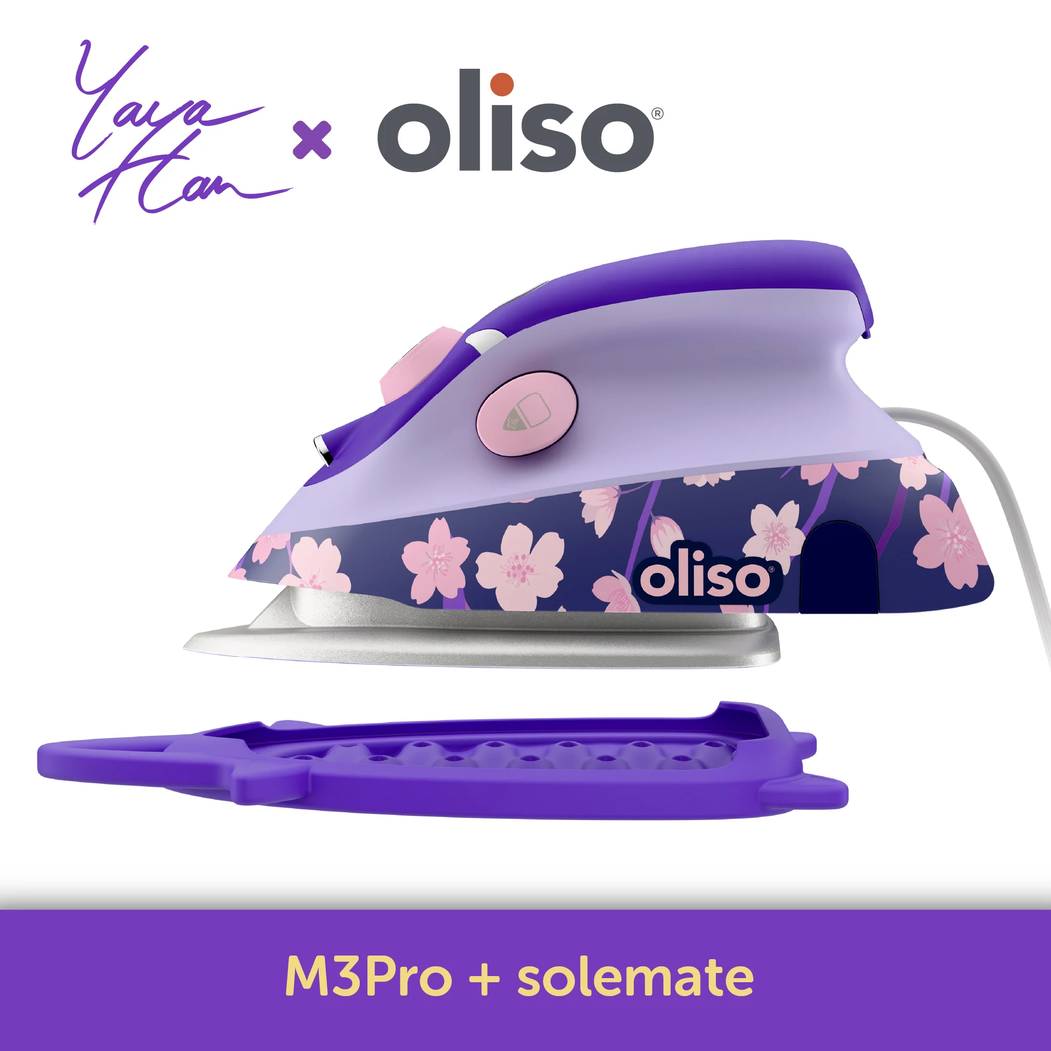 Purple iron with floral design on a white background, featuring Oliso branding.