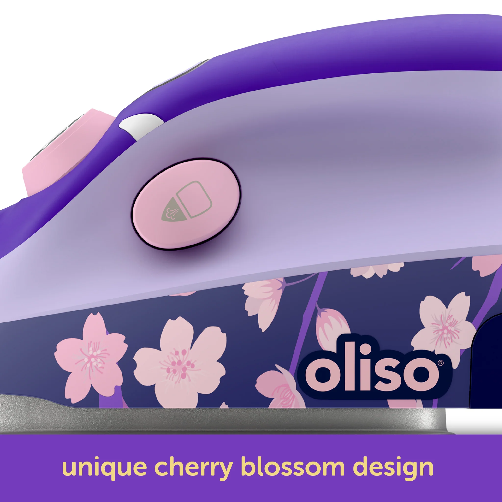 Purple oliso iron with cherry blossom design on a white background