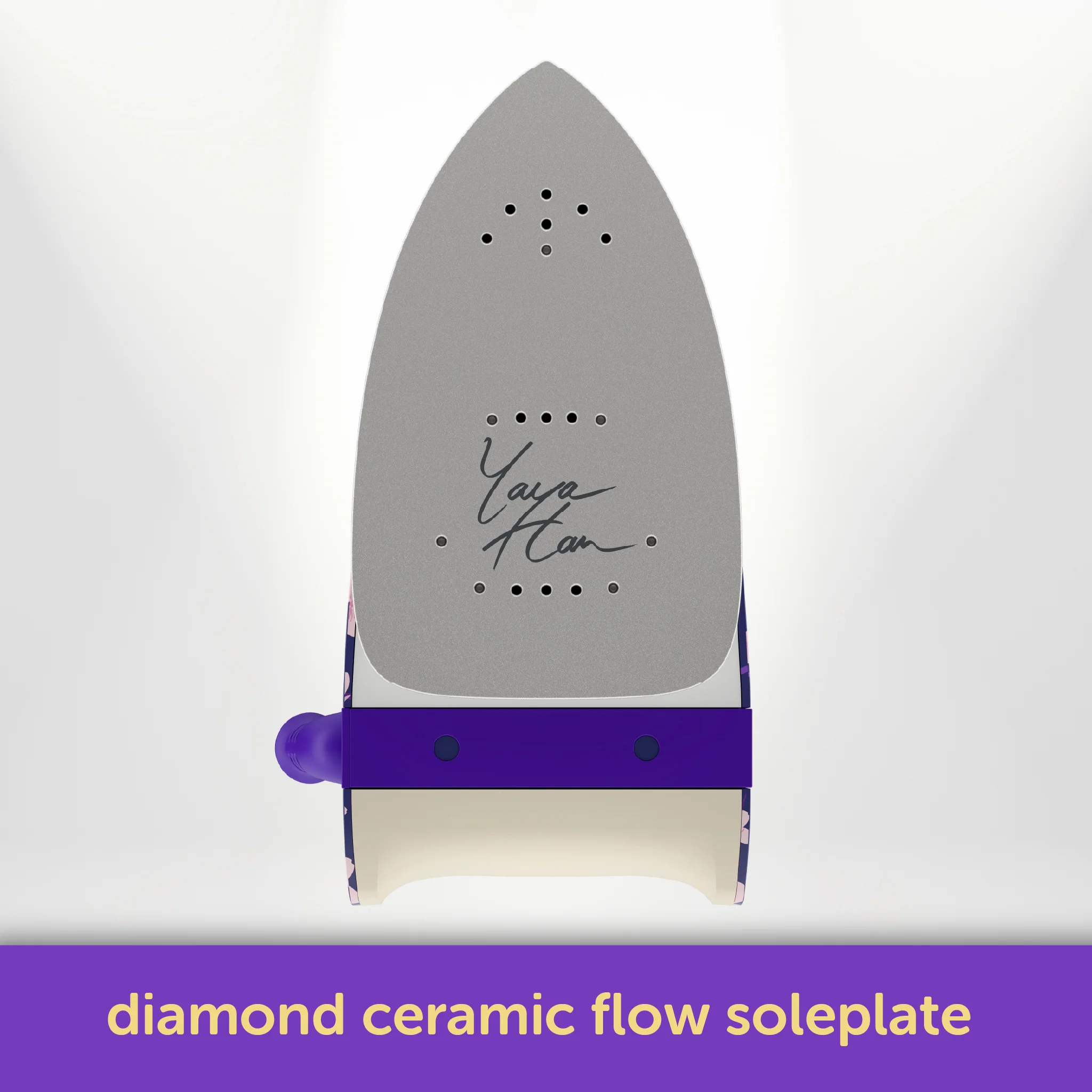 A Vaporesso Xros diamond ceramic flow soleplate for an electric cigarette press, featuring a gray top plate with a black Vaporesso Xros logo, a purple collar, and a white bottom base, shown on a white background with a purple text banner at the bottom.