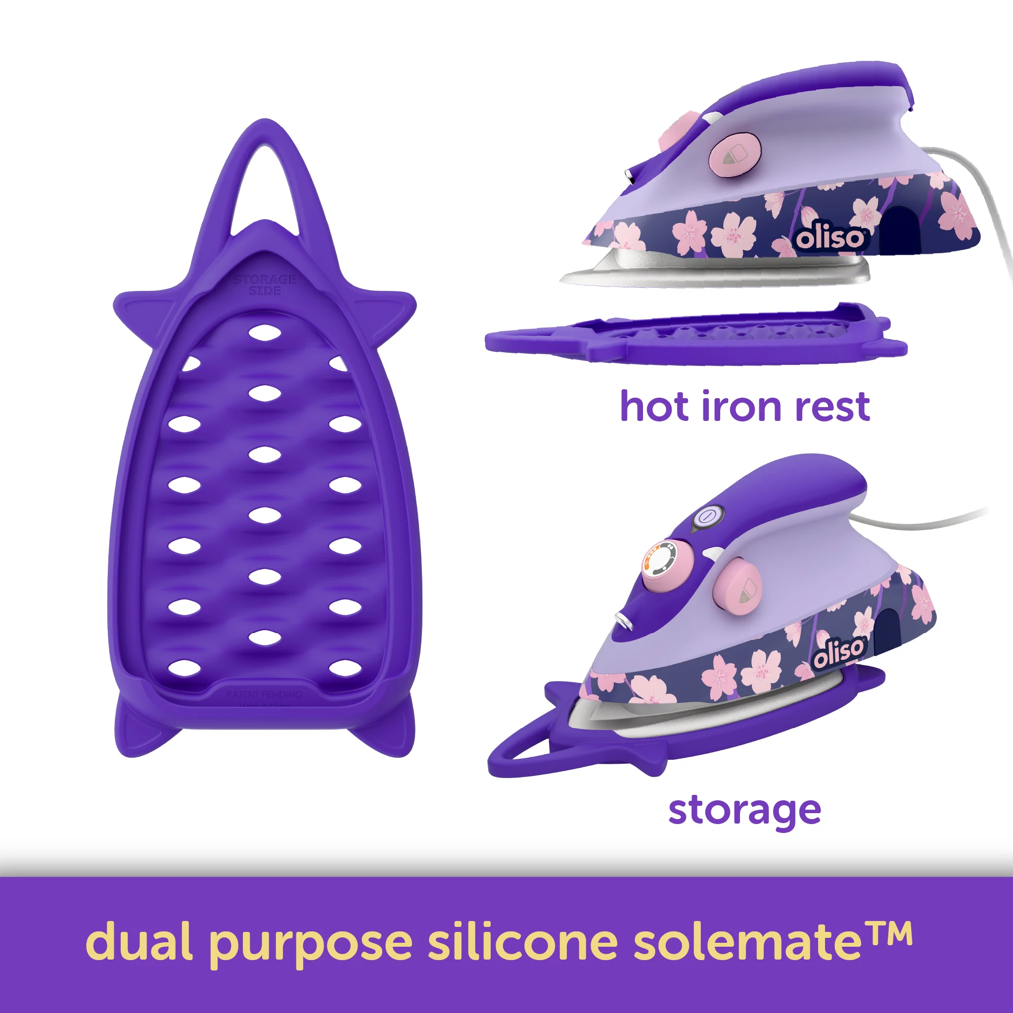 Purple iron with floral design, hot iron rest, and silicone solemate on a white background