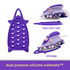 Purple iron with floral design, hot iron rest, and silicone solemate on a white background