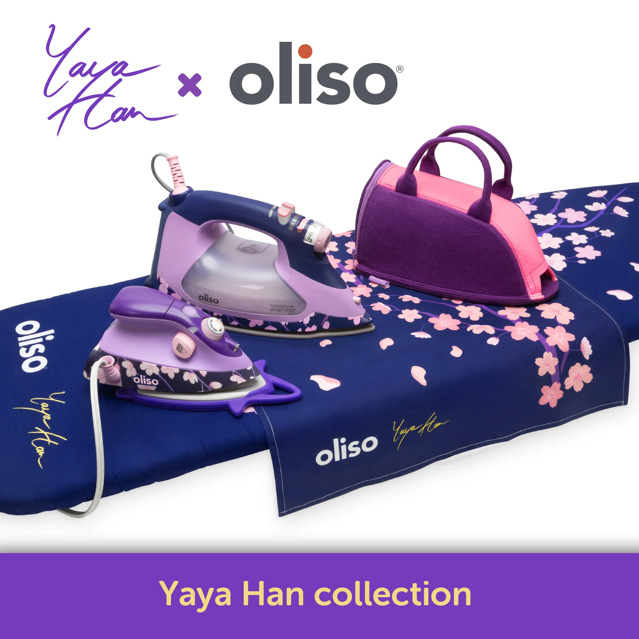 Oliso iron and bag with Yaya Han design on a branded cover