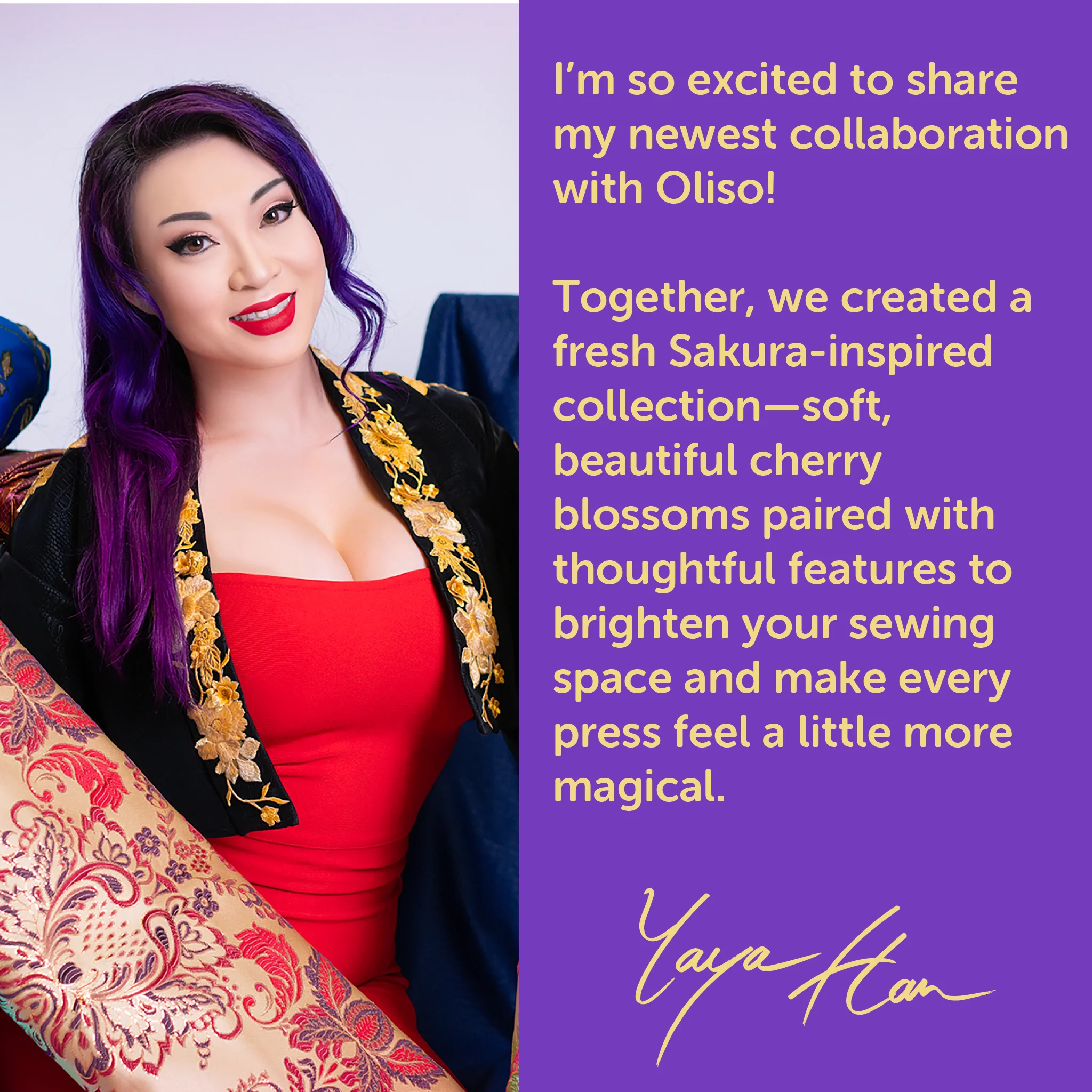 Woman with purple hair and red dress holding a decorative item, with text about a collaboration with Oliso on a purple background.