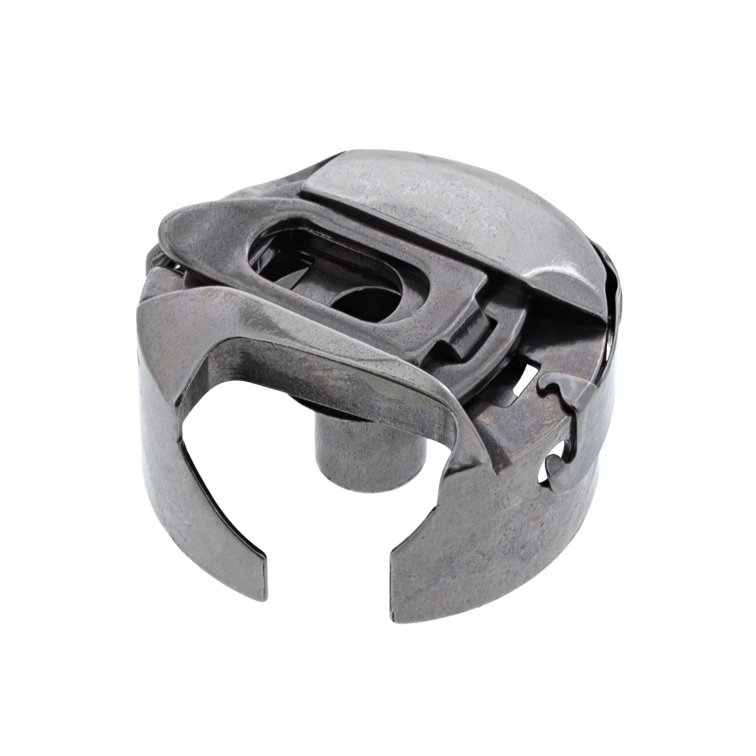 A dark gray metallic mechanical component or hardware part, isolated on a solid white background.