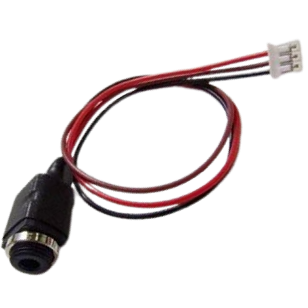 A small electrical wire adapter with two red and black wires leading to a white 3-pin connector on one end and a black cylindrical socket on the other, isolated on a white background.