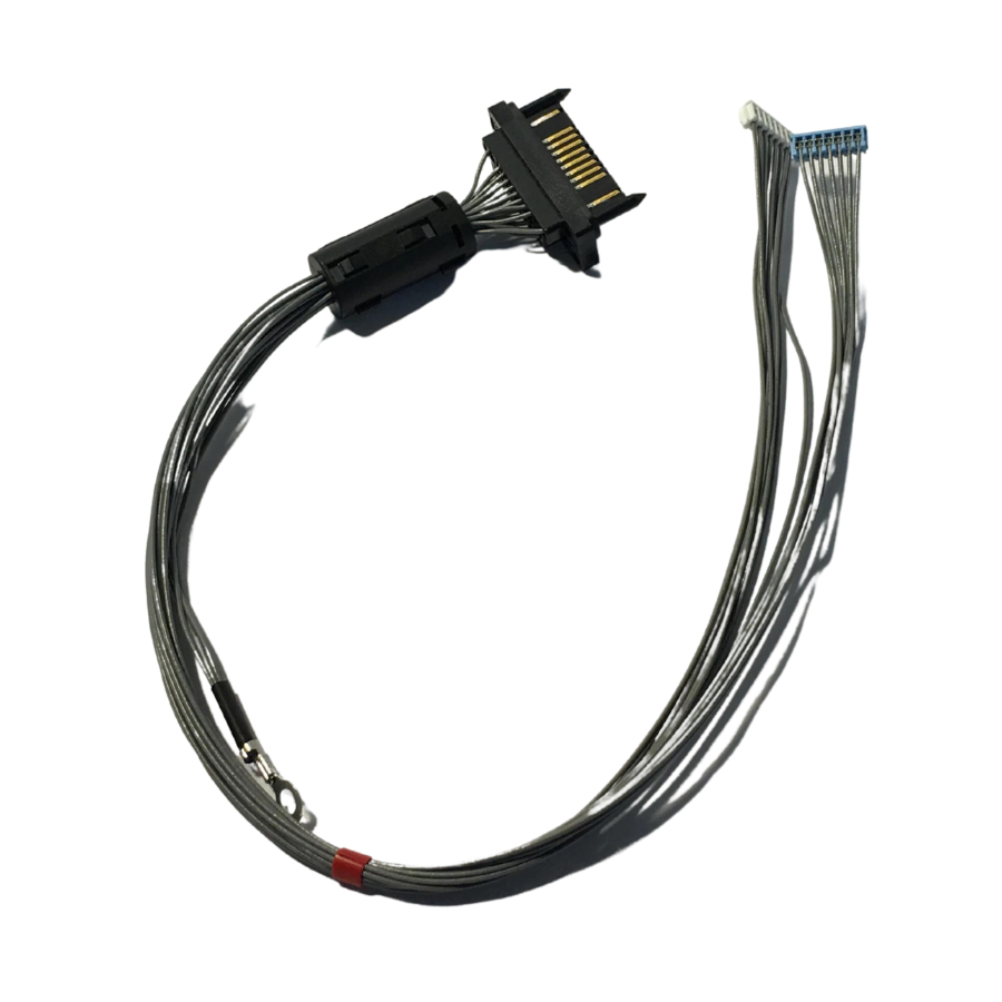 An electrical wiring harness with a black multi-pin connector on one end and several gray insulated wires on the other, photographed on a plain white background.