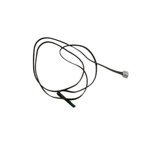A coiled black cable with a small green connector piece and a gray electrical plug on the end, isolated on a white background.
