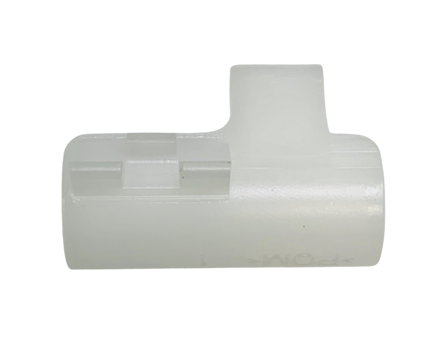 A translucent white plastic T-fitting with a cylindrical body and a vertical branch extending upwards, shown against a plain white background.