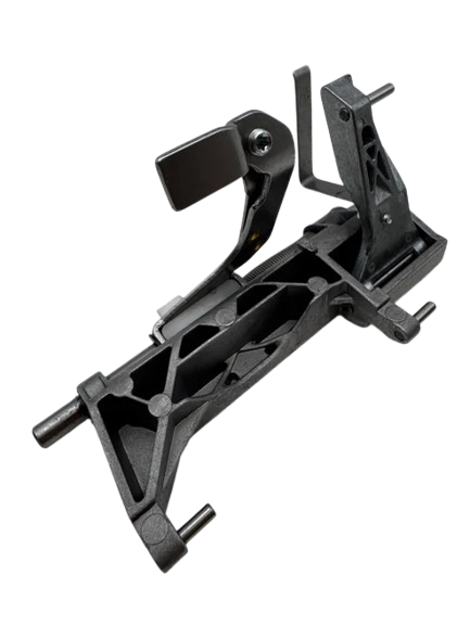 A black metal mechanical bracket or hardware component with angular brackets, pins, and a textured cast finish, shown on a plain white background.