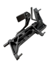 A black metal mechanical bracket or hardware component with angular brackets, pins, and a textured cast finish, shown on a plain white background.