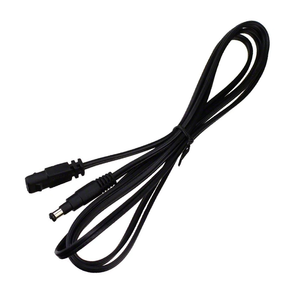 A black multi-connector power cable with a multi-pin plug on one end and a barrel connector on the other, coiled and secured with a black tie-wrap on a white background.