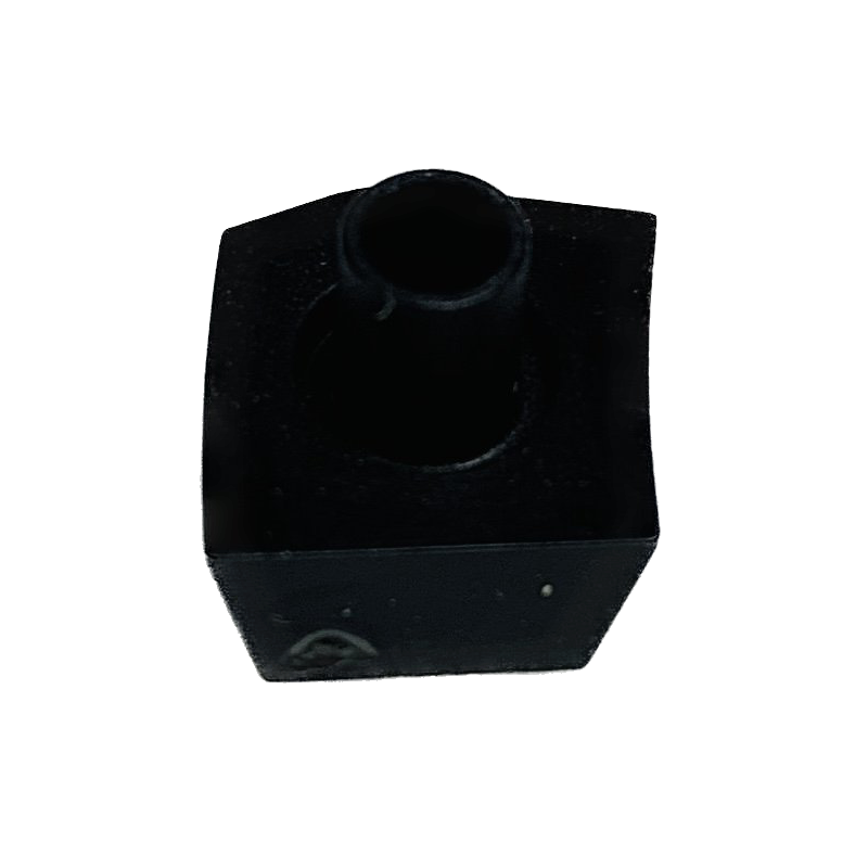 A black plastic square-shaped component with a circular hole on top, isolated on a white background.