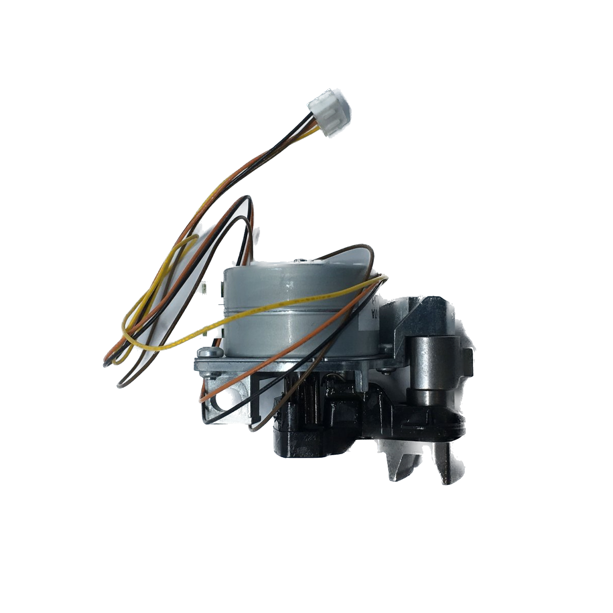 A replacement appliance motor assembly with a gray plastic motor housing, black mechanical components, and attached multicolored wires ending in a white connector, shown on a plain white background.