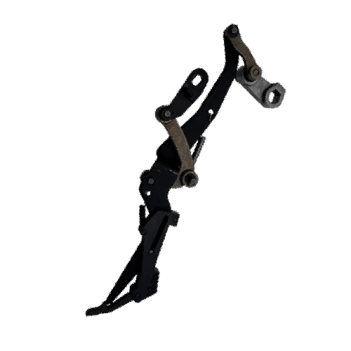 A black mechanical linkage or bracket assembly with silver metal pins and rods, isolated on a white background.