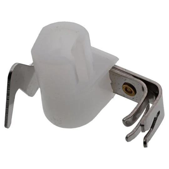 A small white plastic component with attached silver metal brackets, photographed on a plain white background.