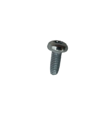 A single small metal screw with a rounded silver head and threaded shaft, centered on a plain white background.